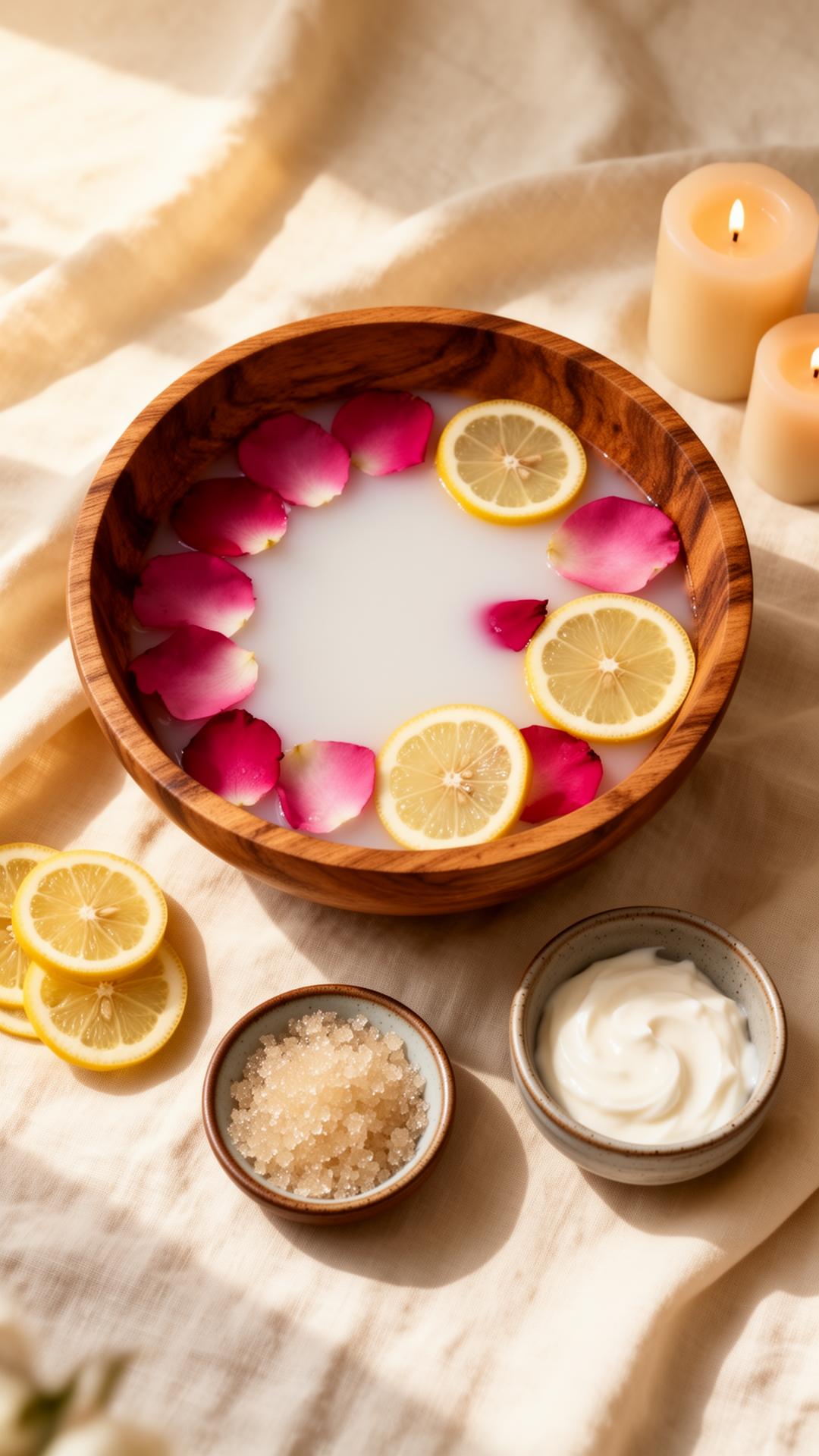 Wooden bowl with milk, rose petals and lemon slices — the signature pedicure ritual